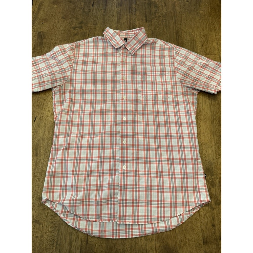 RVCA Men's Medium Plaid Short Sleeve Button Up Shirt Red Gray White Cotton